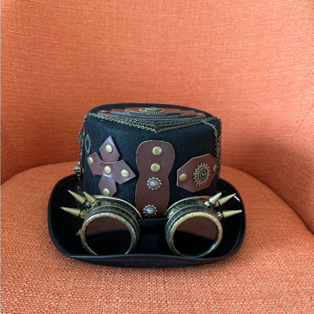 Steampunk burning man hat with goggles.